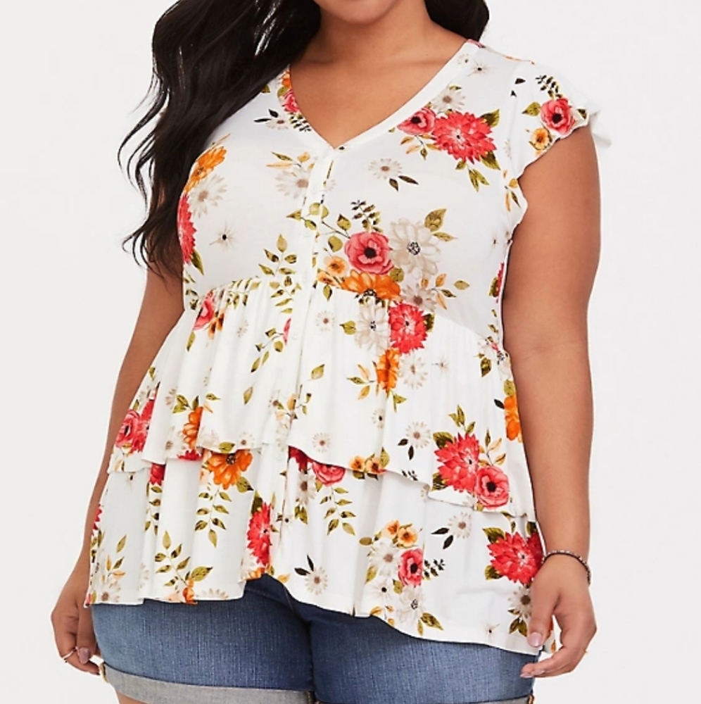 Super Soft Ivory Floral Button Front Babydoll Top